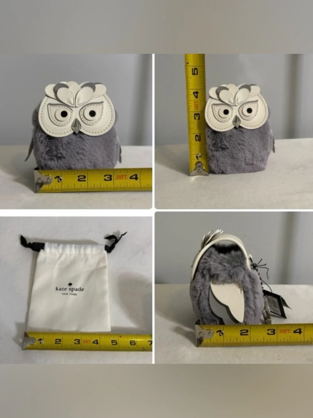 Kate Spade 3D Hoot Owl Coin Purse Keychain Faux Fur Gray White with Dust Bag NWT